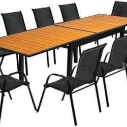 Salon Jardin Bois Noir - Table Extensible 35/270cm 12 chaises Mobilier Ext&eacute;rieur LIVRAISON GRATUITE