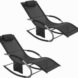Lot de 2 Fauteuils &agrave; Bascule Noir - Transats Jardin - Repose-Pieds - Pochette LIVRAISON OFFERTE