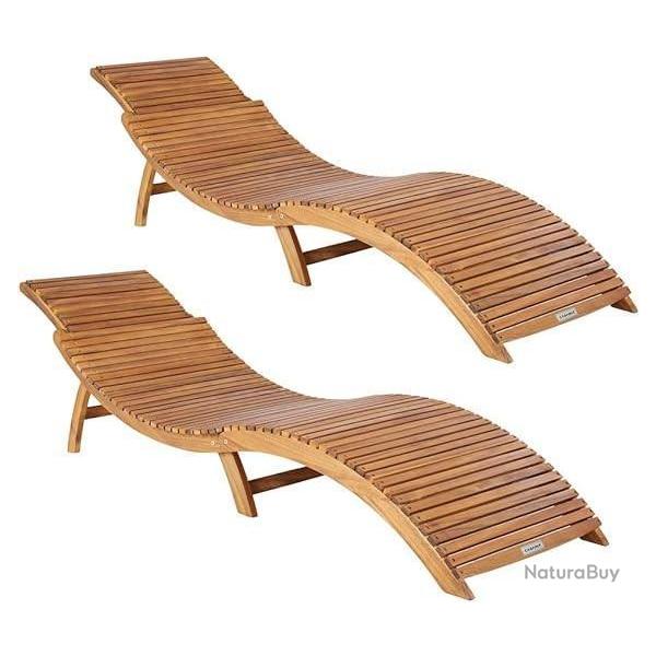 Lot de 2 Chaise Longue Bois Acacia - Chaise Pliable - Transat - LIVRAISON OFFERTE
