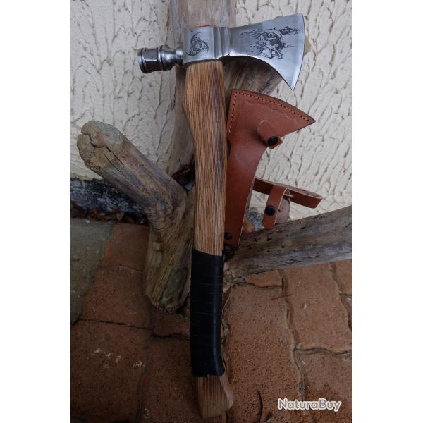 Belle Hache Tomahawk Style Am�rindien Lame Acier Carbone 1055 Manche Bois Etui Cuir Fab Artisanale01
