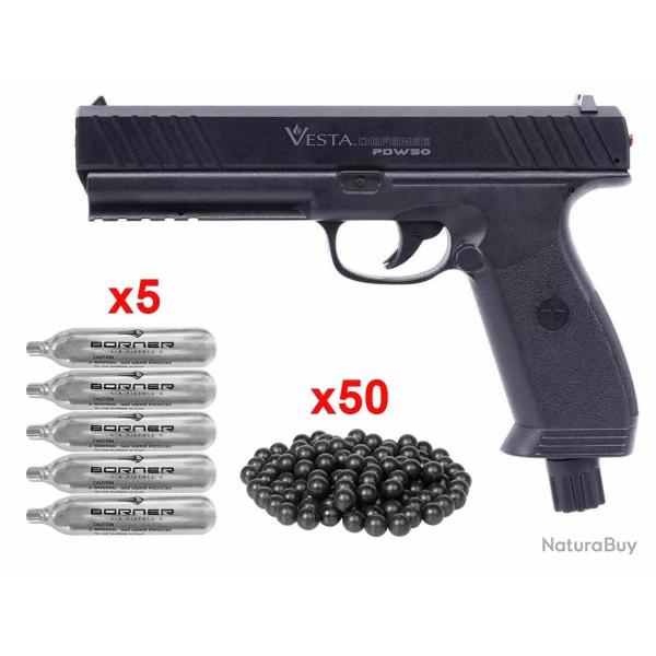PACK PRET A TIRER Pistolet de d�fense Vesta PDW50 CO2 - .50 (17 joules) (50 BILLES, 5CO2, )