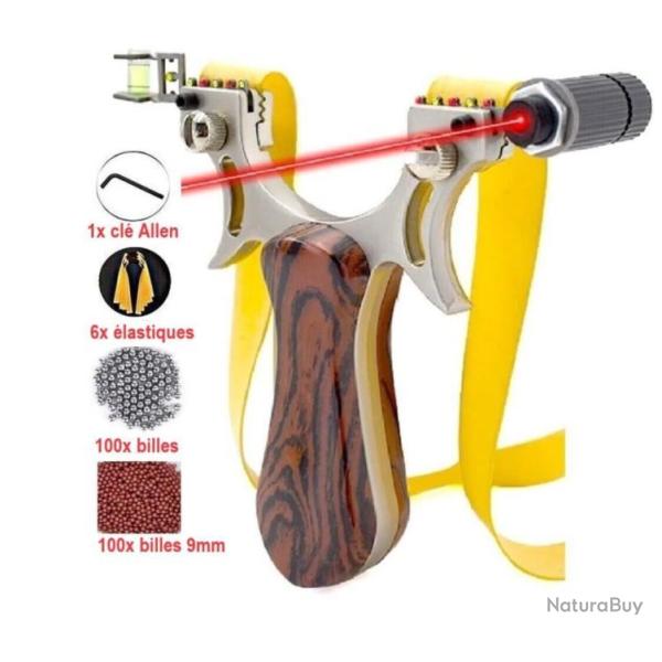 Fronde Lance Pierre + Viseur Laser + 100 Billes Alu 6mm + 6 Elastiques Bois M�tal LIVRAISON OFFERTE