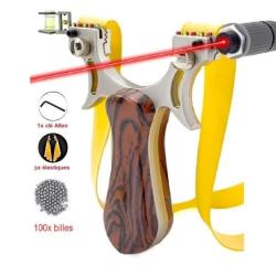Fronde Lance Pierre + Viseur Laser + 100 Billes + 3 Elastiques Bois M&eacute;tal Chasse LIVRAISON GRATUITE