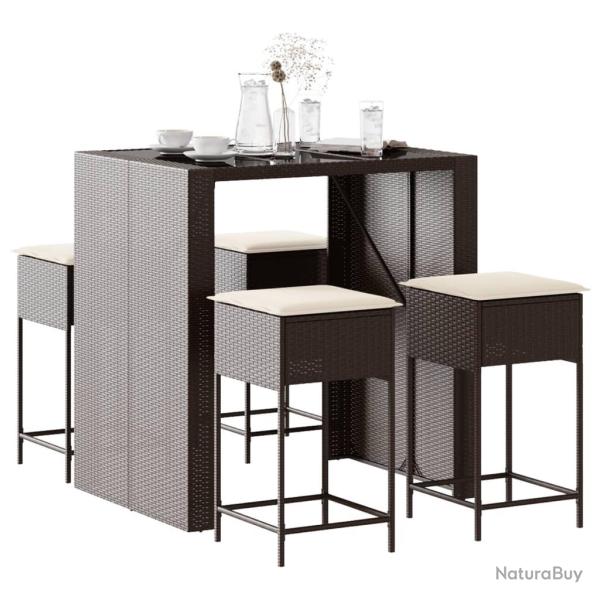 Ensemble de bar de jardin avec coussins 5 pcs marron poly rotin