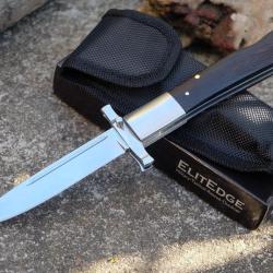 Couteau ElitEdge Dague Pliant Lame Acier 440C Manche Bois Lockback Etui Nylon 001