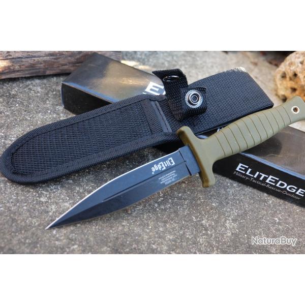 Couteau Elitedge Desert Green Dague Lame Spear Point Acier 420C Black Manche FRN Green Housse Nylon