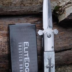 Couteau Dague Semi Automatique St Jean de Compostelle Lame Acier 440C Manche Marbre Abs Linerlock