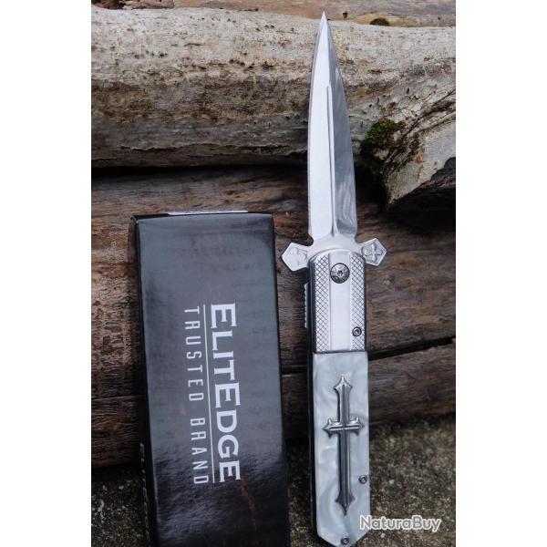 Couteau Dague Semi Automatique St Jean de Compostelle Lame Acier 440C Manche Marbre Abs Linerlock