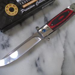 Couteau ElitEdge Lame Drop Point Acier 440C Satin Manche Black & Red G10 Mitres Acier Linerlock