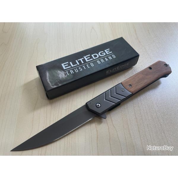 Couteau Semi Automatique ElitEdge Lame Acier 420C Black Stonewash Manche Bois/Acier Linerlock Clip