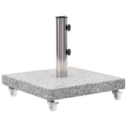 Socle de parasol carr&eacute; 45 x 45 x 5 cm avec roulettes et adaptateurs usage ext&eacute;rieur en granit gris
