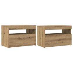 Lot de 2 meubles TV modernes avec lumi&egrave;res LED rangement 60 x 35 x 40 cm en bois d'ing&eacute;nierie ch&ecirc;ne