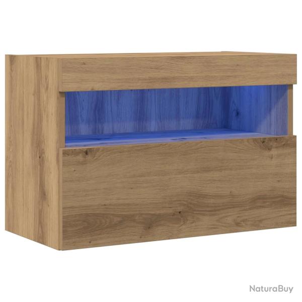 Meuble TV mural contemporain lumineux avec �tag�res 60 x 30 x 40 cm en bois d'ing�nierie ch�ne arti