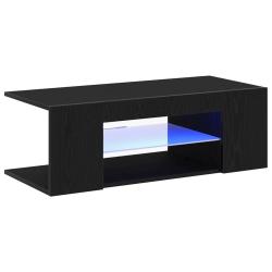 Meuble TV moderne 90 x 39 x 30 cm pratique avec bandes LED ambiance cosy en bois d'ing&eacute;nierie ch&ecirc;ne