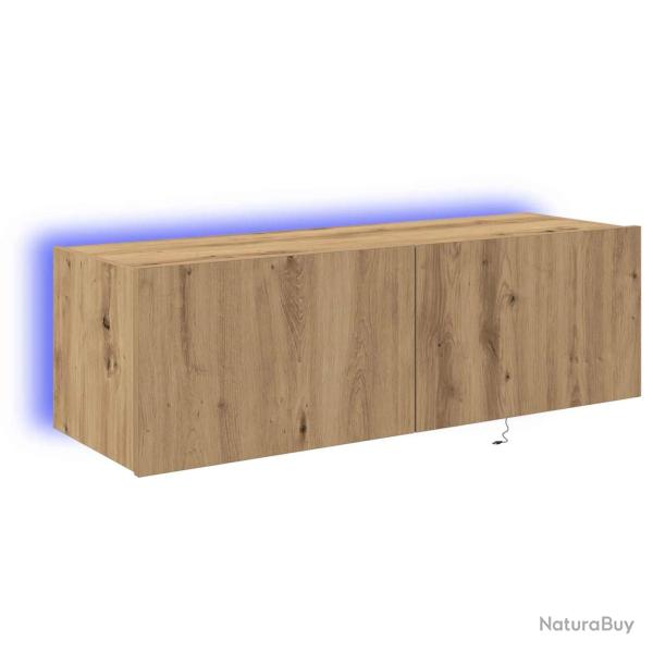Meuble TV mural moderne avec �clairage LED fonctionnel 100 x 35 x 31 cm en bois d'ing�nierie ch�ne