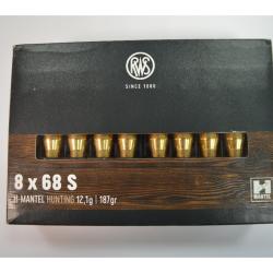 1 BOITE DE 20 MUNITIONS RWS CALIBRE 8X68S EN H-MANTEL  12.1G/187GR  NEUVE