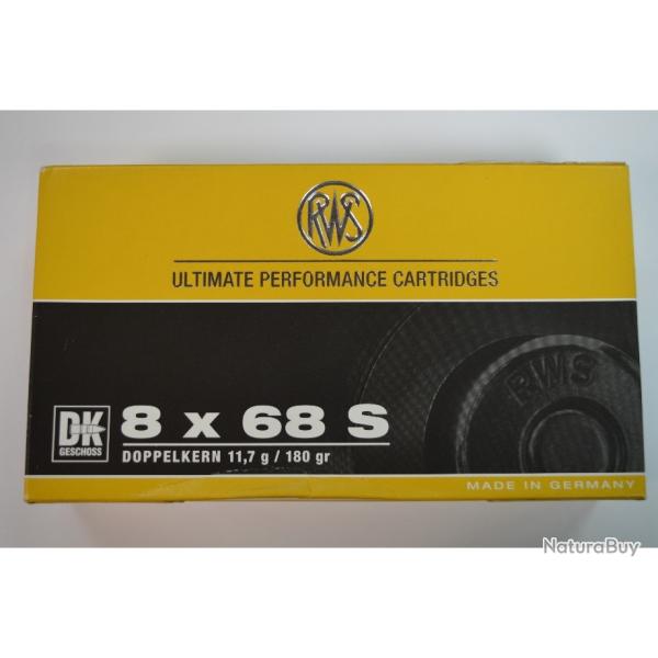 1 BOITE DE 20 MUNITIONS RWS CALIBRE 8X68S EN DK  11.7G/180GR  NEUVE