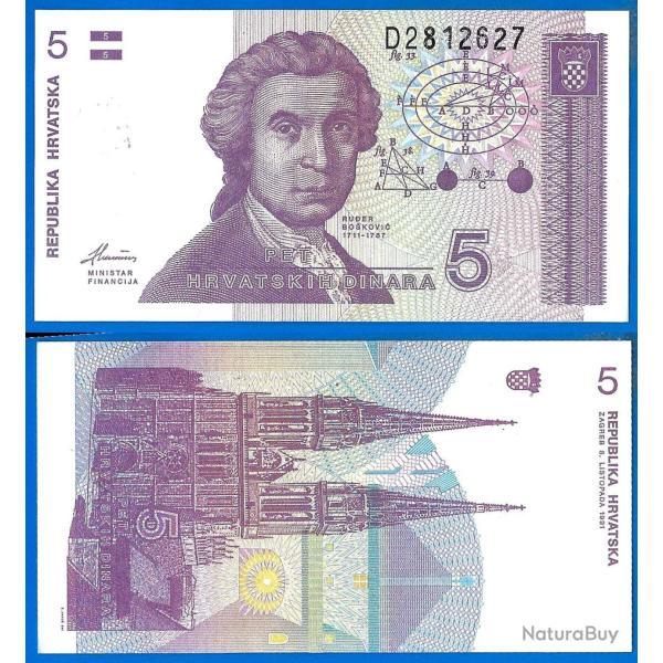 Croatie 5 Dinars 1991 Neuf Billet Dinara Dinar Hrvatska