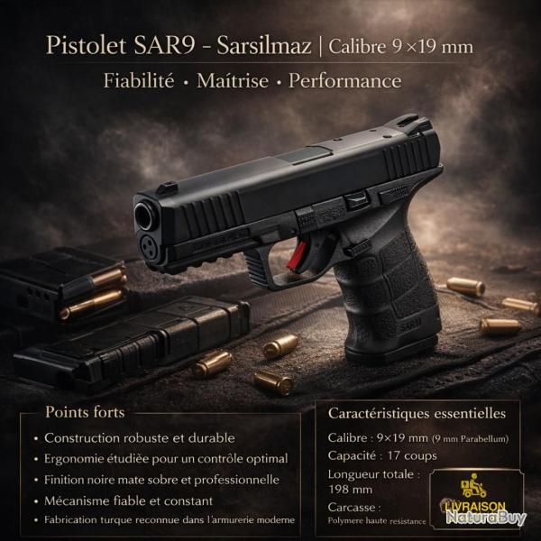 Arme de poing - Pistolet - Sarsilmaz - SAR9 9mm - Liv offerte