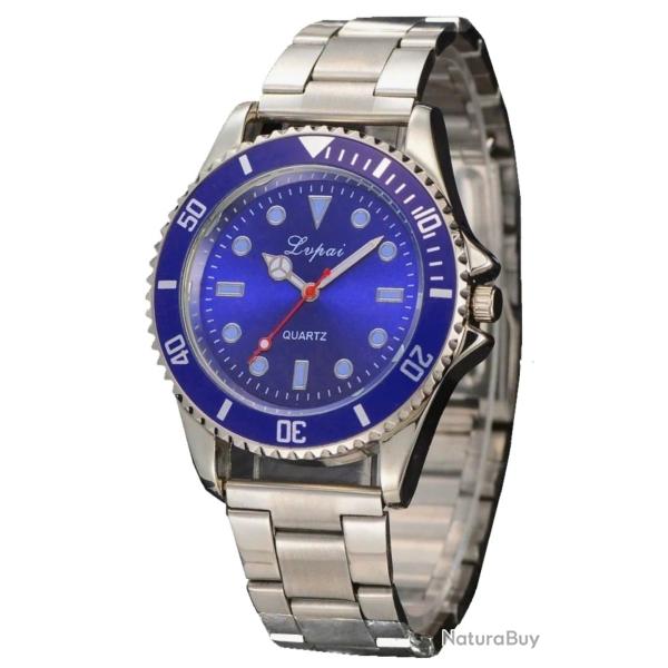 Montre Style Sport militaire Plong�e � Quartz Bracelet M�tal Mat Homme Fond Bleu