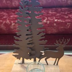 Photophore socle bois d&eacute;cor m&eacute;tal cervid&eacute;/conif&egrave;res