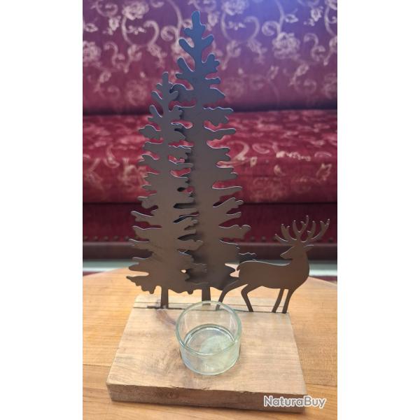 Photophore socle bois d�cor m�tal cervid�/conif�res
