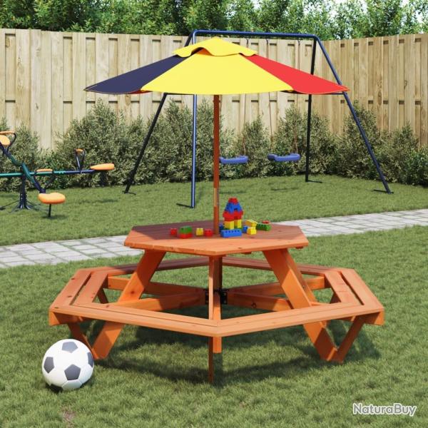 Table de pique-nique pour 6 enfants avec parasol hexagone sapin