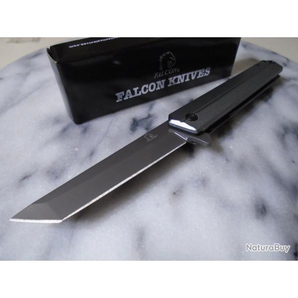 Couteau Tactical Urbain Falcon Semi-Automatique Lame Tanto Acier 440 Manche Acier Gray Linerlock 01