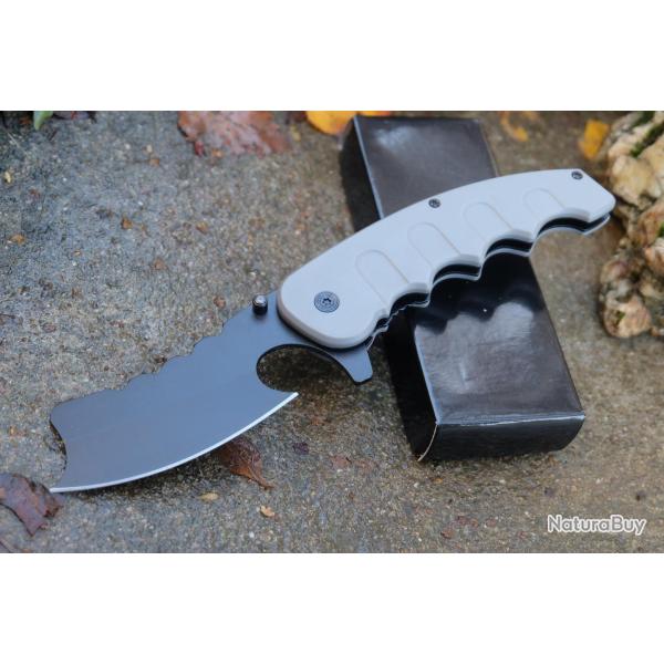 Couteau Pliant Falcon Semi-Automatique Lame Butcher Acier Inoxydable Manche ABS Gray Linerlock ClipA