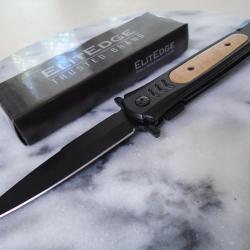 Couteau ElitEdge Dague A/O Lame Spear Point Acier Inoxydable Manche Bois Marron Linerlock Clip 001