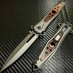 Couteau Semi Automatique ElitEdge Silver Needle Lame Dague Acier 440 Manche Acier/Bois Linerlock