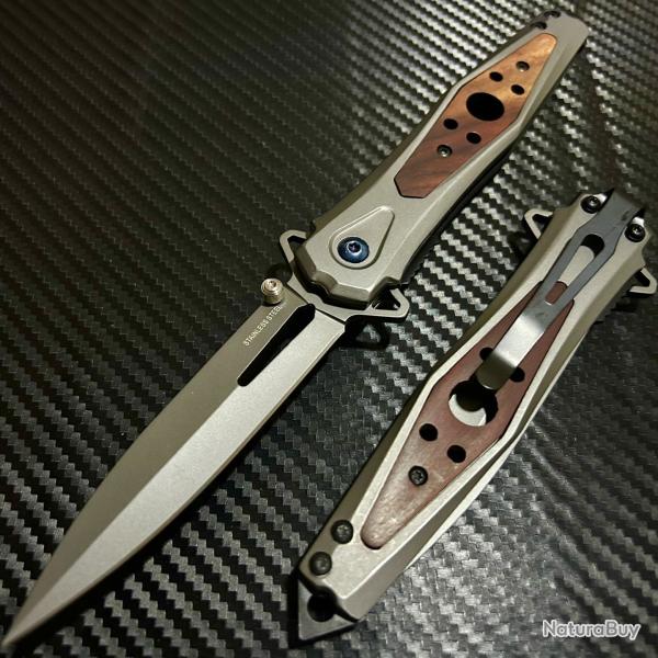 Couteau Semi Automatique ElitEdge Silver Needle Lame Dague Acier 440 Manche Acier/Bois Linerlock