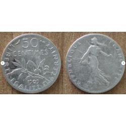 France 50 Centimes 1909 Piece Argent Semeuse Centime