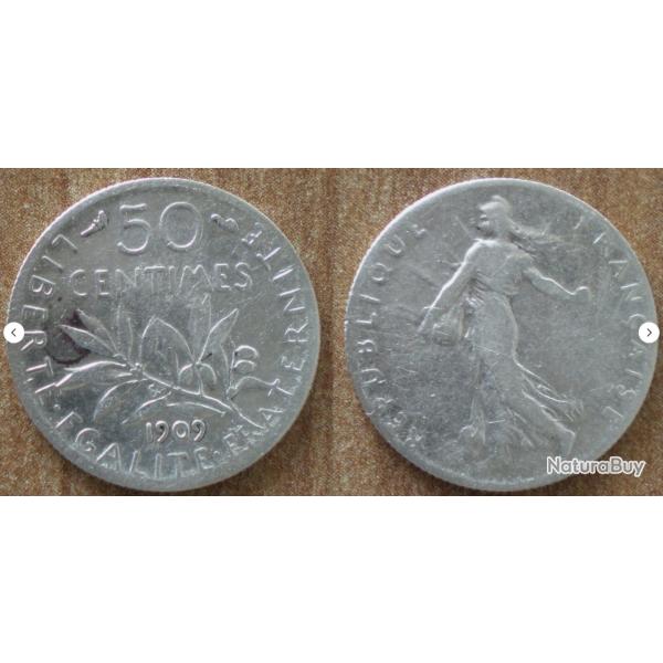 France 50 Centimes 1909 Piece Argent Semeuse Centime