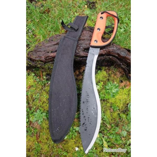 Machette Couteau Kukkri Bushcraft Parang Machete Lame Acier 3Cr13 Manche ABS Orange Etui Nylon 001