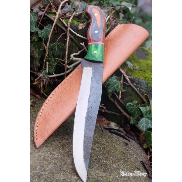 Couteau Buscharft Survie Bowie Lame Clip Point Carbone 1075 Etui Cuir Manche Cocobolo Fab Artisanale