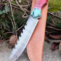 Poignard XXL Couteau Damas Lame 256 Couches Drop Point Manche Bois/R&eacute;sine Fabr Artisanale Etui Cuir