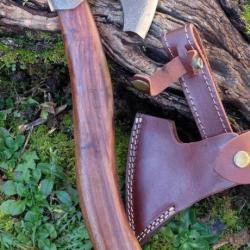 Hache De Viking Tomahawk Lame Acier Carbone Manche Bois Etui Cuir Fabrication Artisanale HDVK