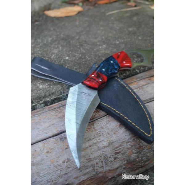 Couteau Karambit Lame Damas Acier 256 Couches Manche R�sine Black&Red Etui Nylon Fabr Artisanale