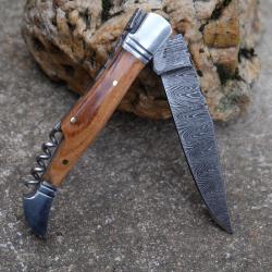 Couteau Damas Lame 128 Couches Fa&ccedil;on Laguiole Abeille Manche Bois Tire Bouchons Fabr Artisanale01