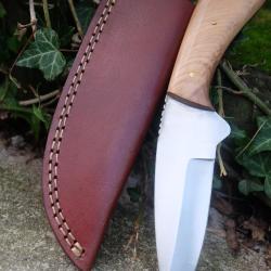 Poignard Bushcraft Couteau de Chasse Survie Lame Carbone 1055 Manche Bois Etui Cuir Fabr Artisanale