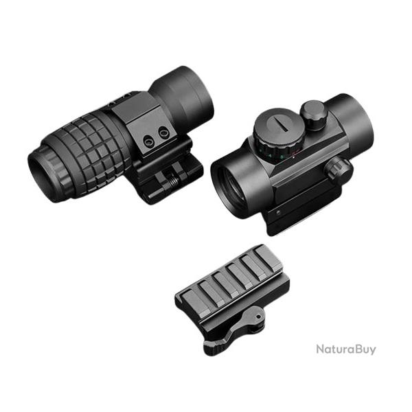 Viseur Point Rouge 1x40 + Loupe 3X Combo Red Dot Vert Rouge Rail 11mm 20mm Chasse Tir Airsoft