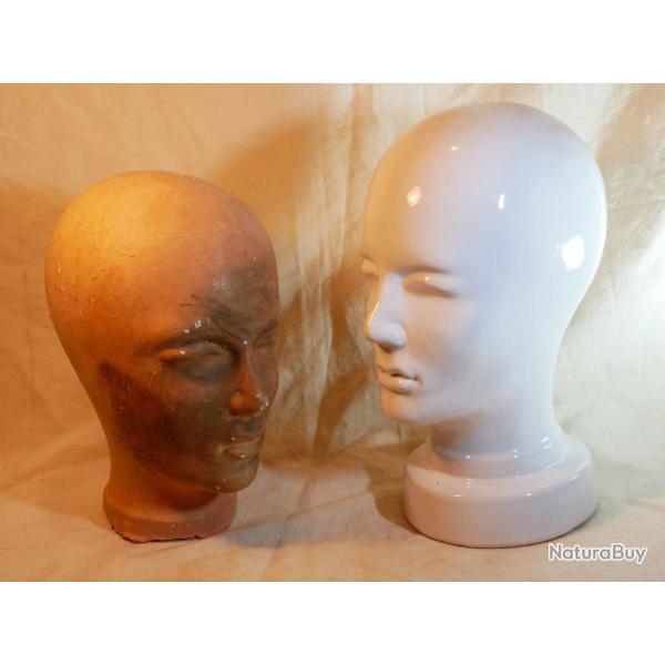 PETIT PRIX Lot de 2 t�tes fa�ence blanche - pour pr�senter des coiffures militaires en l'�tat