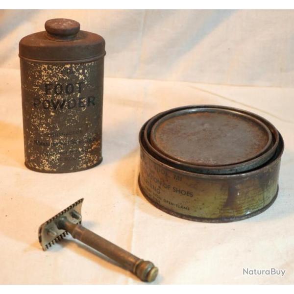 US ARMY flacon m�tal foot powder boite cirage US impregnite shoes rasoir NORMANDIE WWII