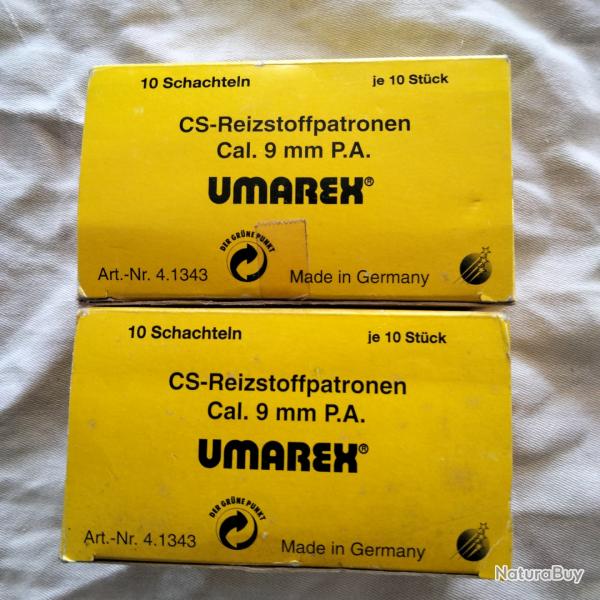 cartouches � charge CS  a gaz, calibre 9mm pour pistolet PA.