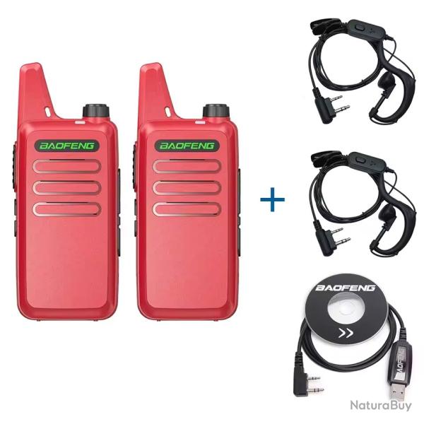 PACK 2 TALKIES-WALKIES BAOFENG T20 + 2 ECOUTEURS, CABLE PROGRAMMATION - ROUGE - LIVRAISON GRATUITE