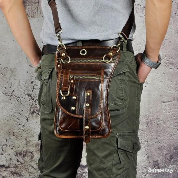 Sacoche - Pochette d'Epaule en Cuir Marron - Multipoches Chasse Camping Randonn�e LIVRAISON GRATUITE