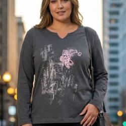 AXONE CHALON1G Tee shirt gris manches longues col V avec imprim&eacute; devant et fentes lat&eacute;rales