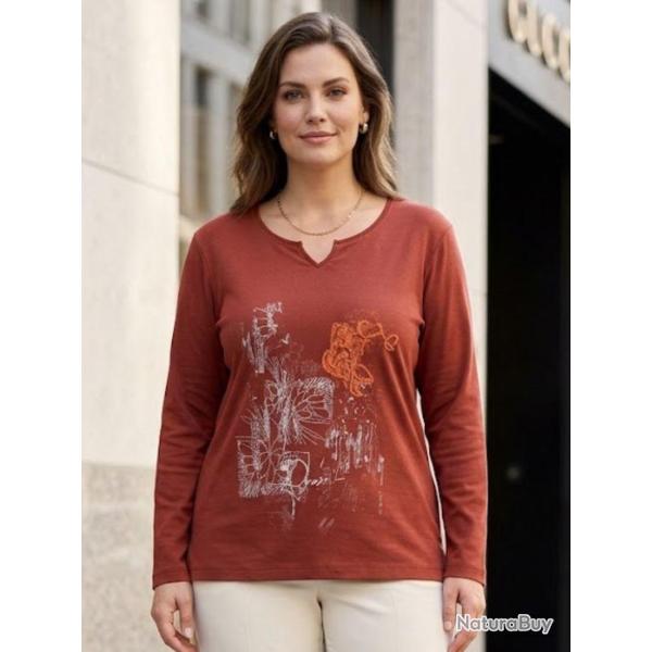 AXONE CHALON2B Tee shirt bordeaux manches longues col V avec imprim� devant et bas fendu