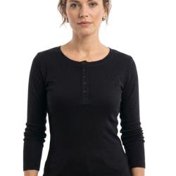 MAYFLOWER Tee shirt manches longues noir uni en viscose stretch avec col &agrave; 4 boutons